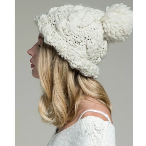 SOLD OUT Oatmeal Hand Knit Cable Pompom Winter Beanie - Picture 2 of 3